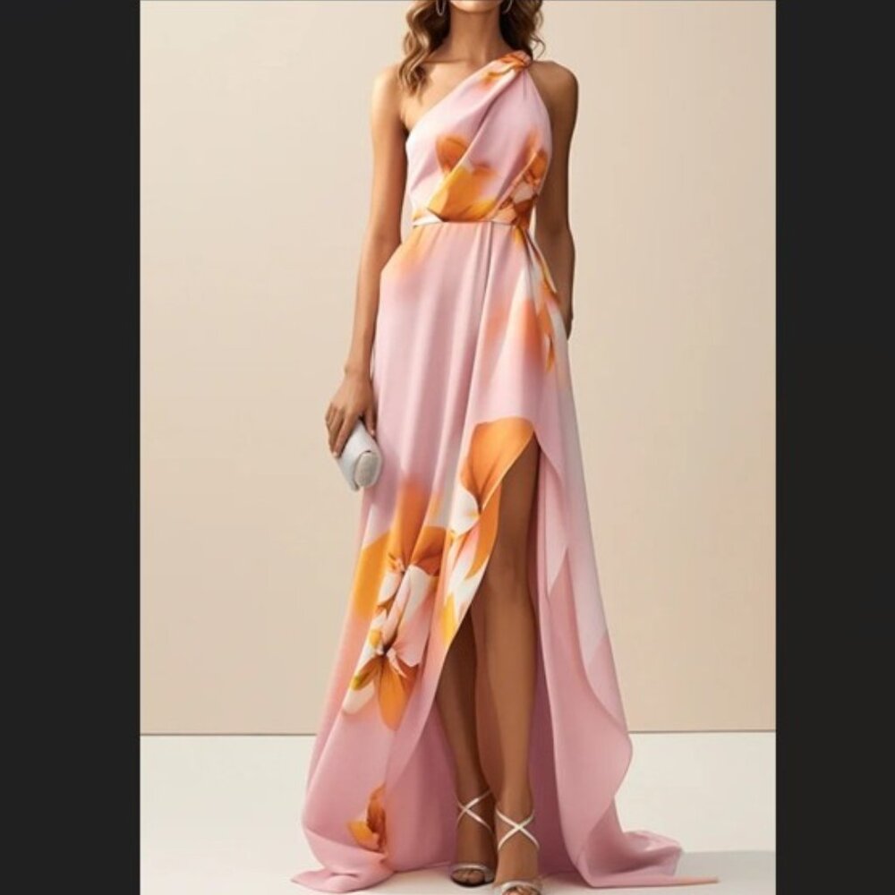 Fehaute Floral One Shoulder A Line Slit Dress